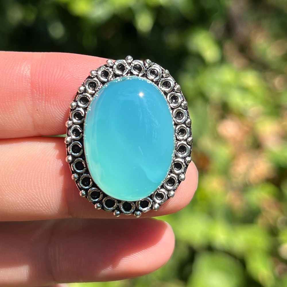 Size 7.25 925 silver plated blue chalcedony‎ ring 2390